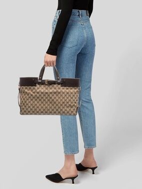 Rare Classic GUCCI 106251.214397 GG Canvas Leather Belt Tote Bag Beige Brown Gol